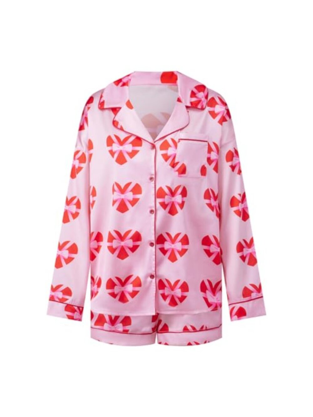 Women's 2 Piece Pajama Set Heart Print Long Sleeve Button Down Shirt with Shorts